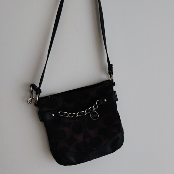 Coach Black Leather Dark Brown Canvas Signature Crossbody Bag Purse - Picture 15 of 15